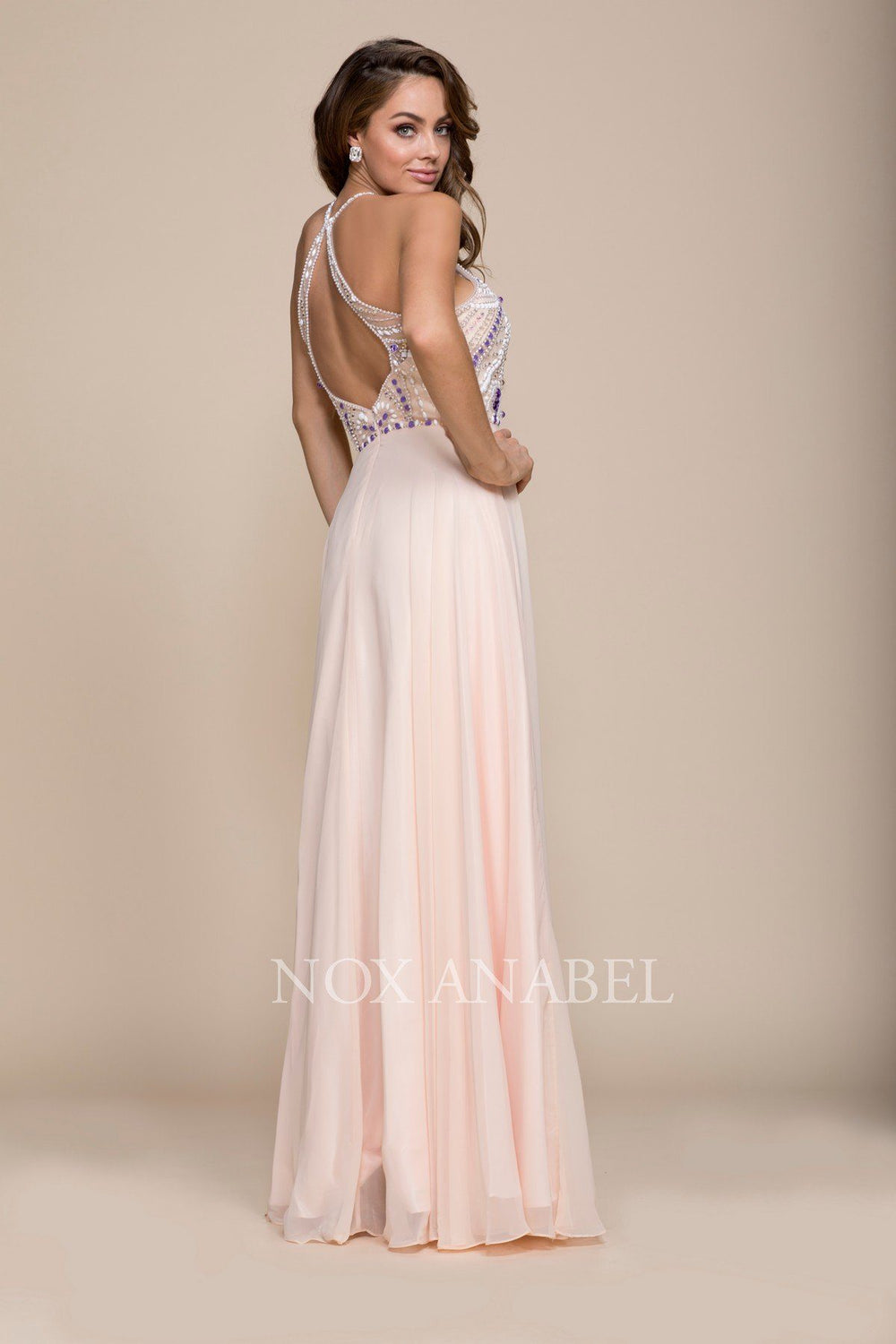 Long Halter Illusion Dress with Jeweled Bodice by Nox Anabel 8276-Long Formal Dresses-ABC Fashion