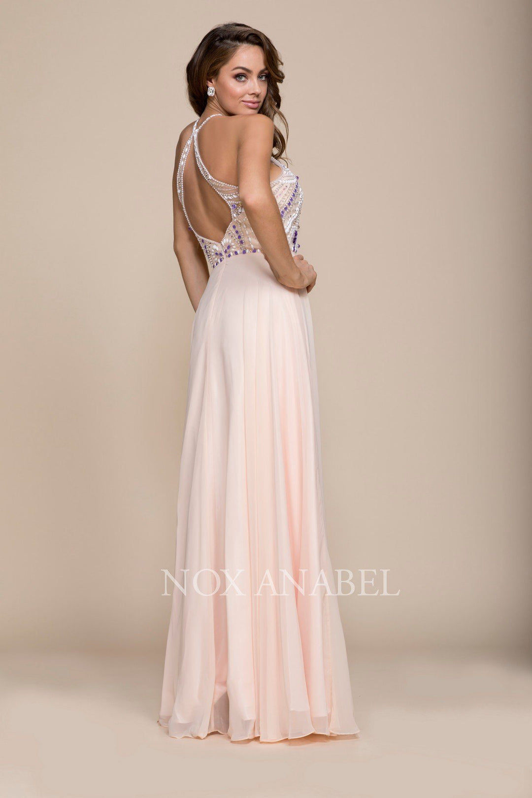 Long Halter Illusion Dress with Jeweled Bodice by Nox Anabel 8276-Long Formal Dresses-ABC Fashion