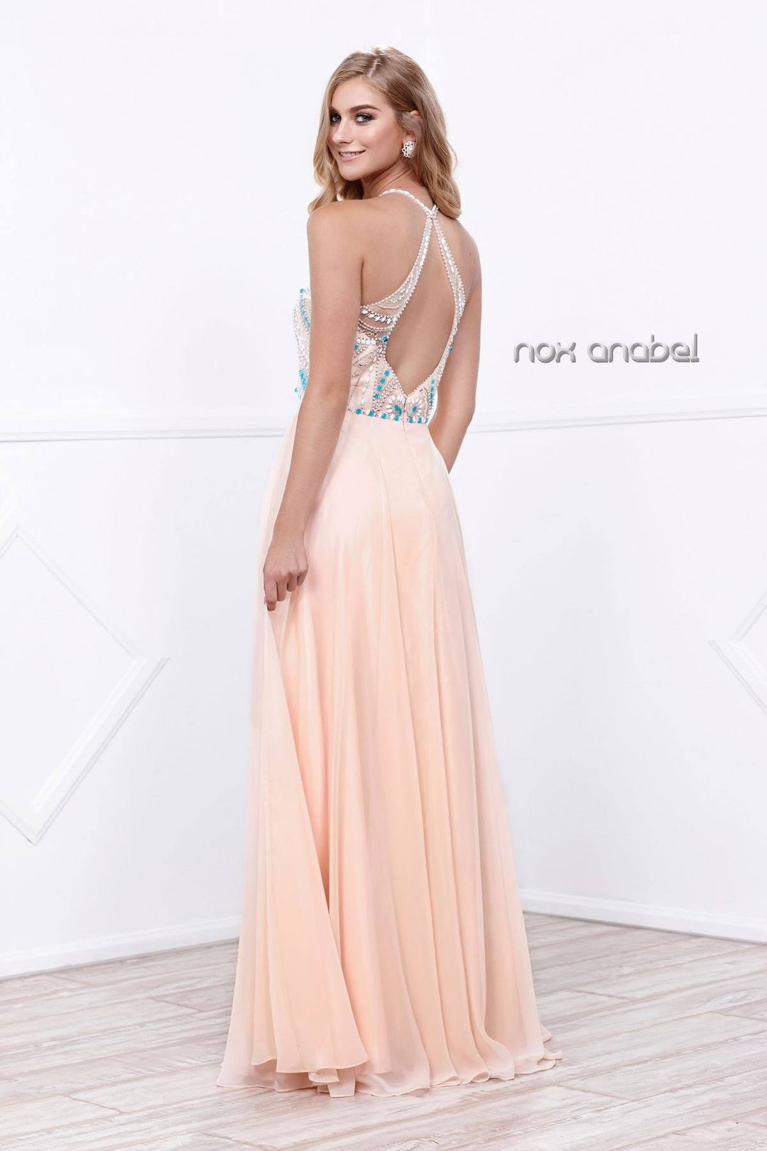 Long Halter Illusion Dress with Jeweled Bodice by Nox Anabel 8276-Long Formal Dresses-ABC Fashion