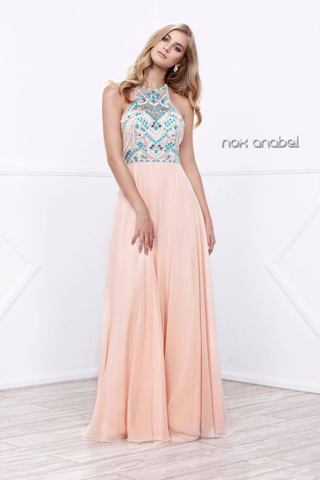 Long Halter Illusion Dress with Jeweled Bodice by Nox Anabel 8276-Long Formal Dresses-ABC Fashion