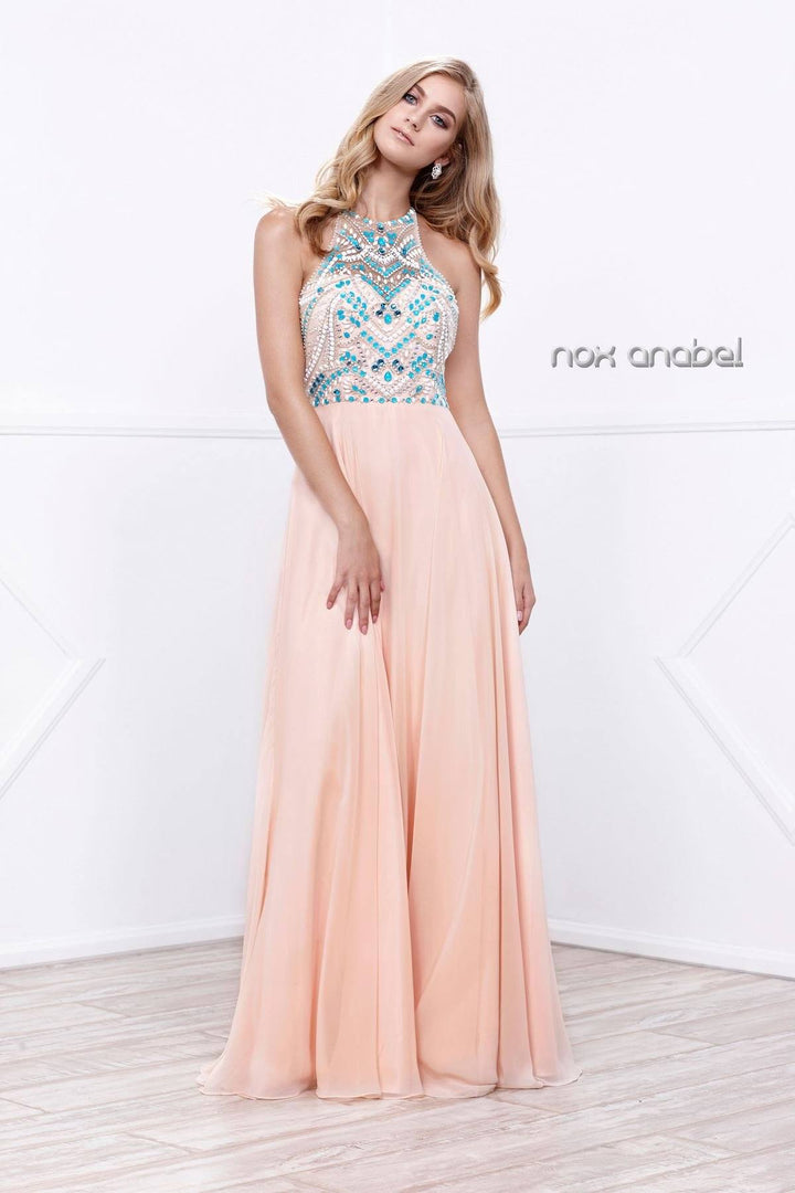 Long Halter Illusion Dress with Jeweled Bodice by Nox Anabel 8276-Long Formal Dresses-ABC Fashion