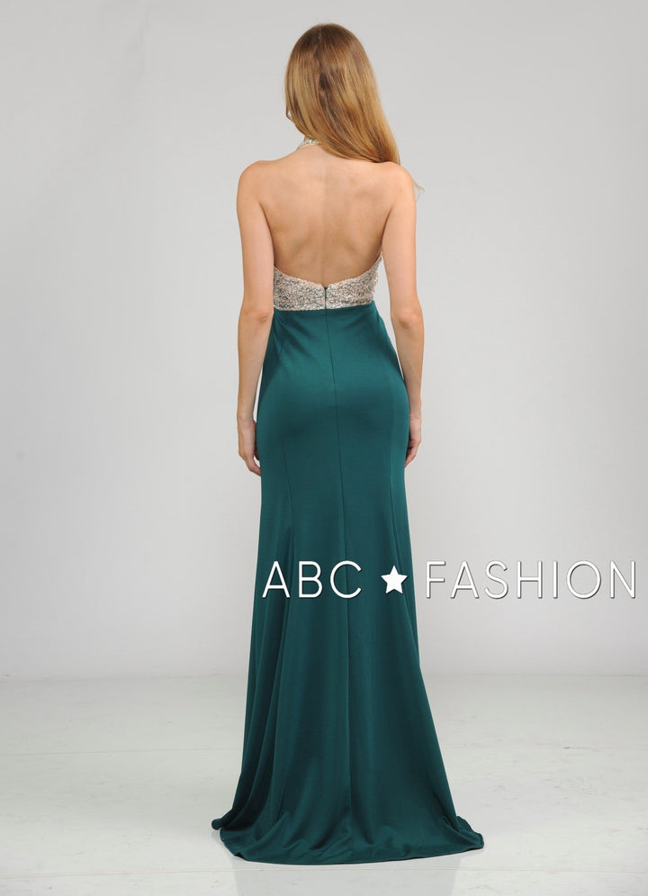 Long Halter V-Neck Dress with Beaded Bodice by Poly USA 8276-Long Formal Dresses-ABC Fashion