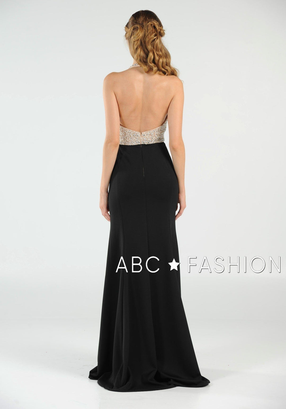 Long Halter V-Neck Dress with Beaded Bodice by Poly USA 8276-Long Formal Dresses-ABC Fashion