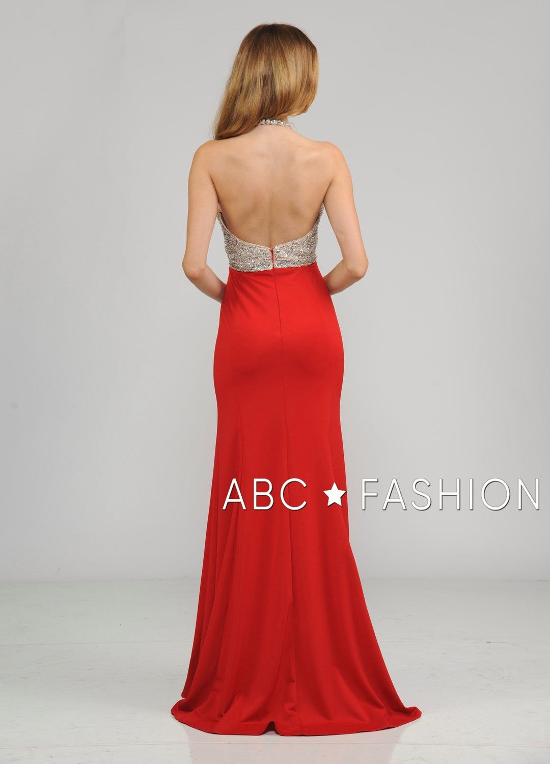 Long Halter V-Neck Dress with Beaded Bodice by Poly USA 8276-Long Formal Dresses-ABC Fashion