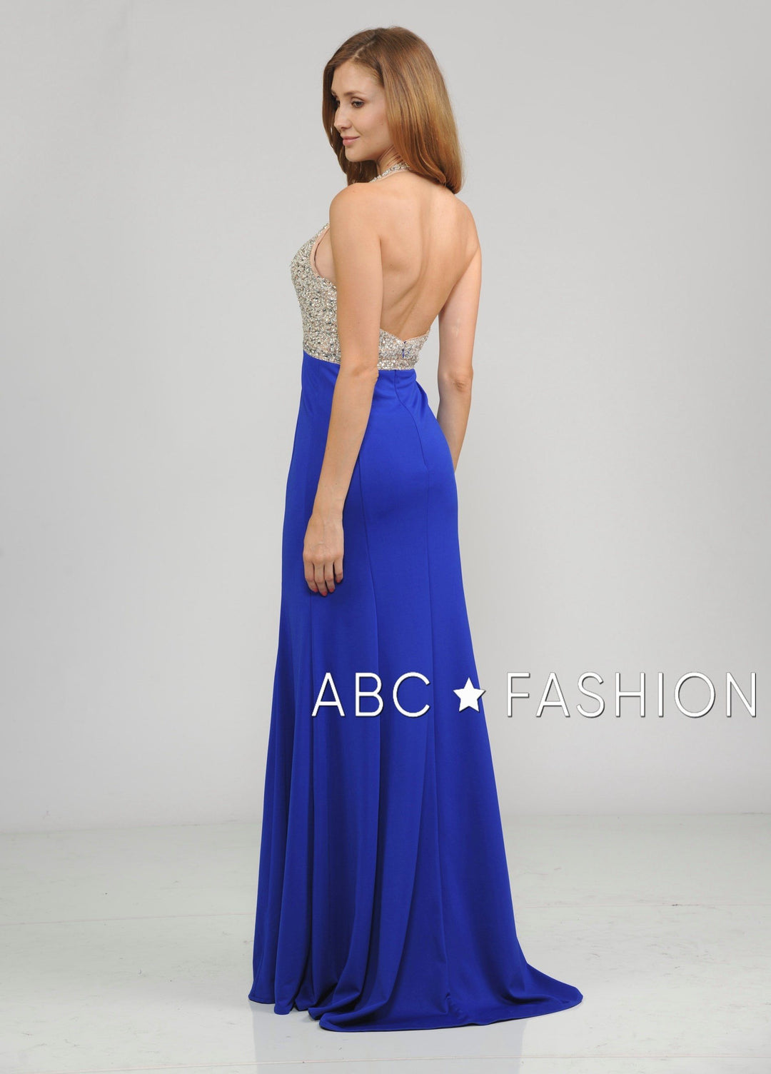 Long Halter V-Neck Dress with Beaded Bodice by Poly USA 8276-Long Formal Dresses-ABC Fashion