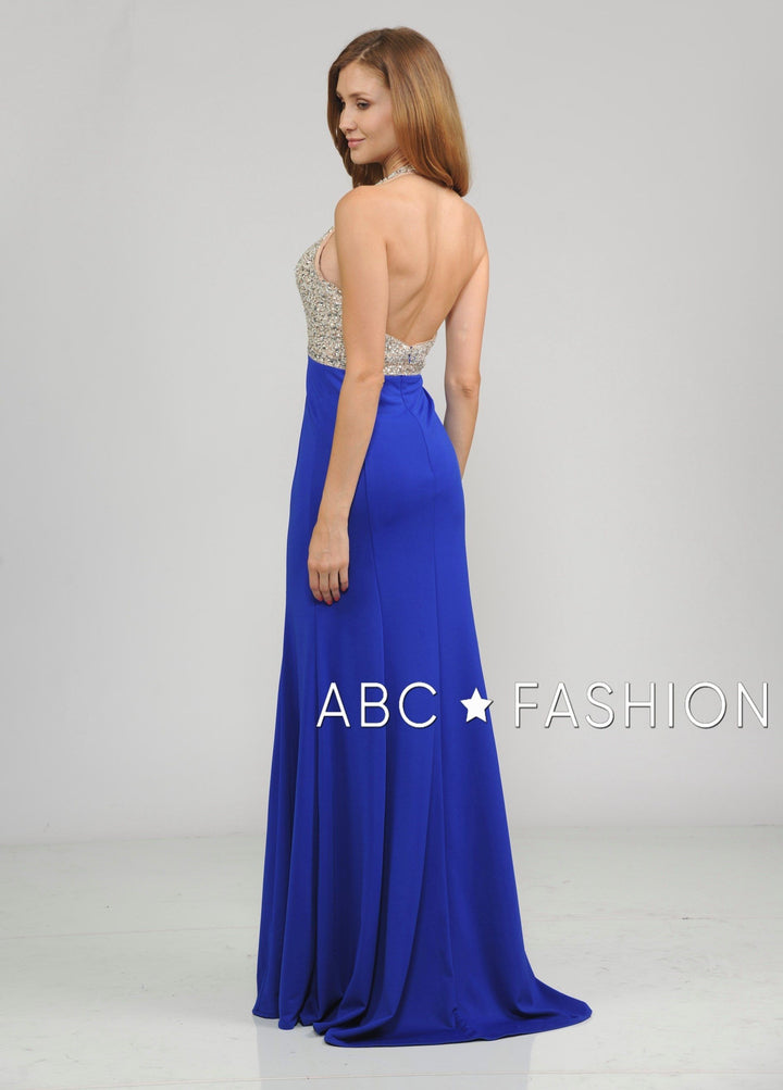 Long Halter V-Neck Dress with Beaded Bodice by Poly USA 8276-Long Formal Dresses-ABC Fashion