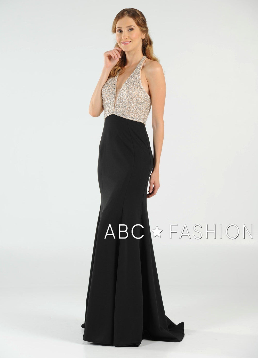 Long Halter V-Neck Dress with Beaded Bodice by Poly USA 8276-Long Formal Dresses-ABC Fashion