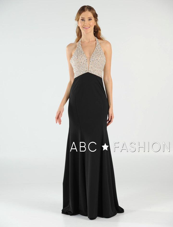 Long Halter V-Neck Dress with Beaded Bodice by Poly USA 8276-Long Formal Dresses-ABC Fashion