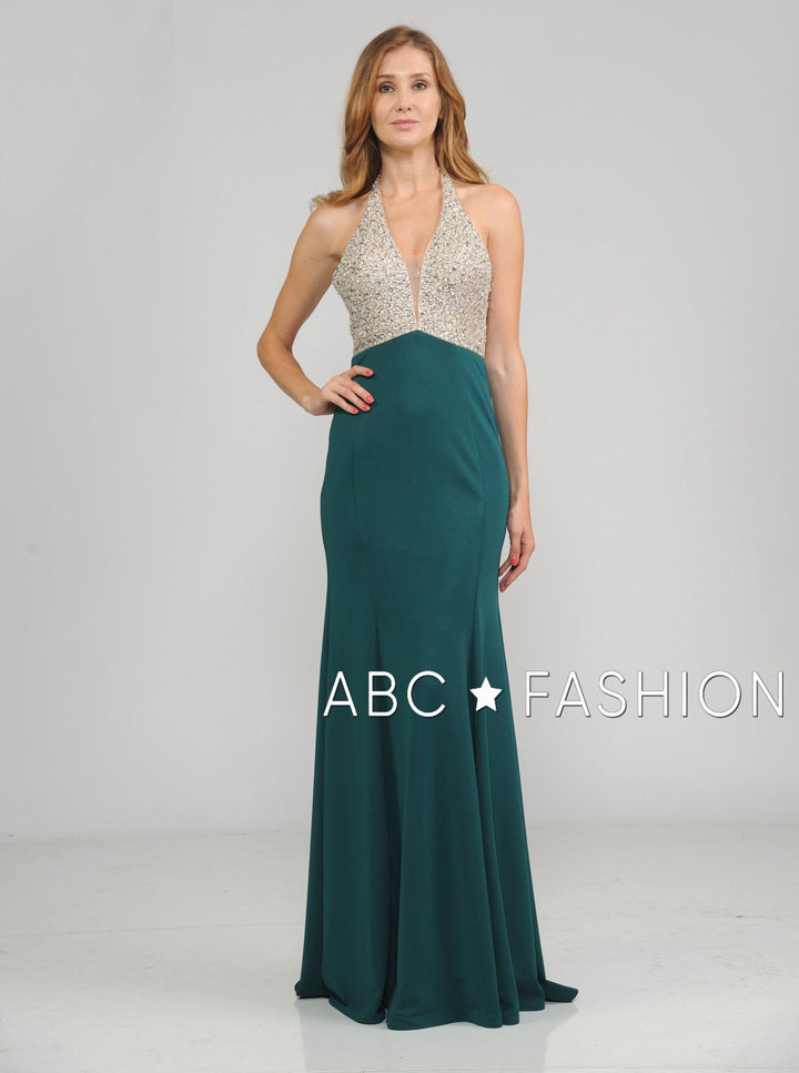 Long Halter V-Neck Dress with Beaded Bodice by Poly USA 8276-Long Formal Dresses-ABC Fashion