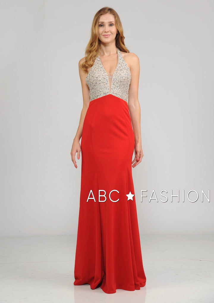 Long Halter V-Neck Dress with Beaded Bodice by Poly USA 8276-Long Formal Dresses-ABC Fashion