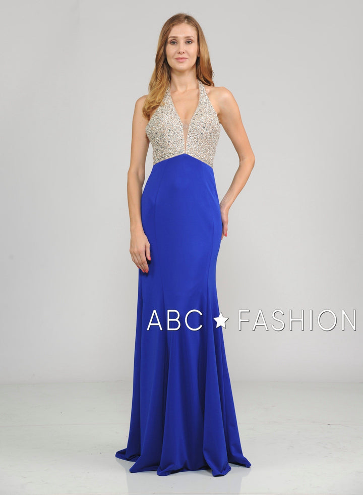 Long Halter V-Neck Dress with Beaded Bodice by Poly USA 8276-Long Formal Dresses-ABC Fashion