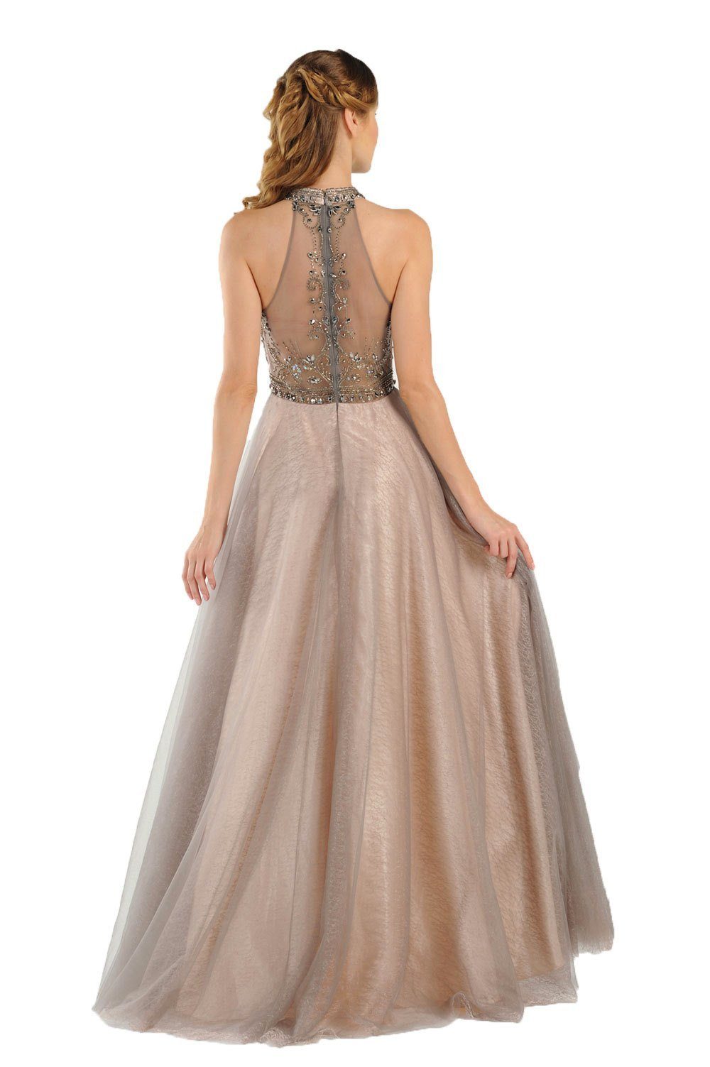 Long High-Neck Champagne Dress with Sheer Back by Poly USA 7984-Long Formal Dresses-ABC Fashion
