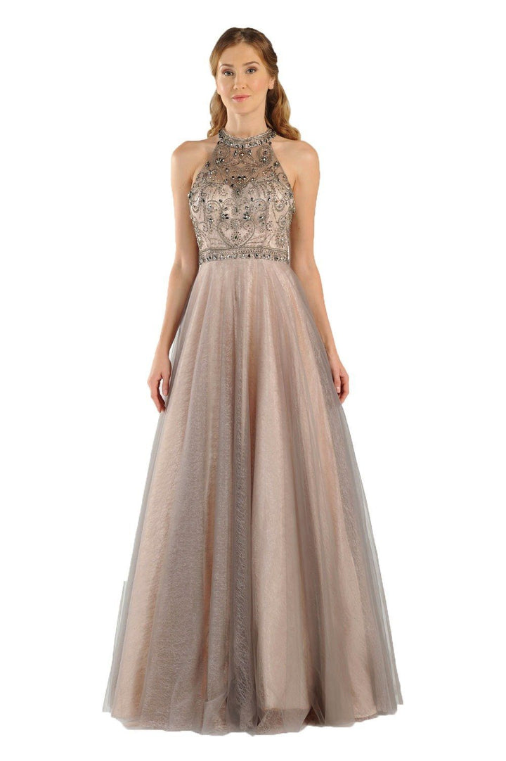 Long High-Neck Champagne Dress with Sheer Back by Poly USA 7984-Long Formal Dresses-ABC Fashion