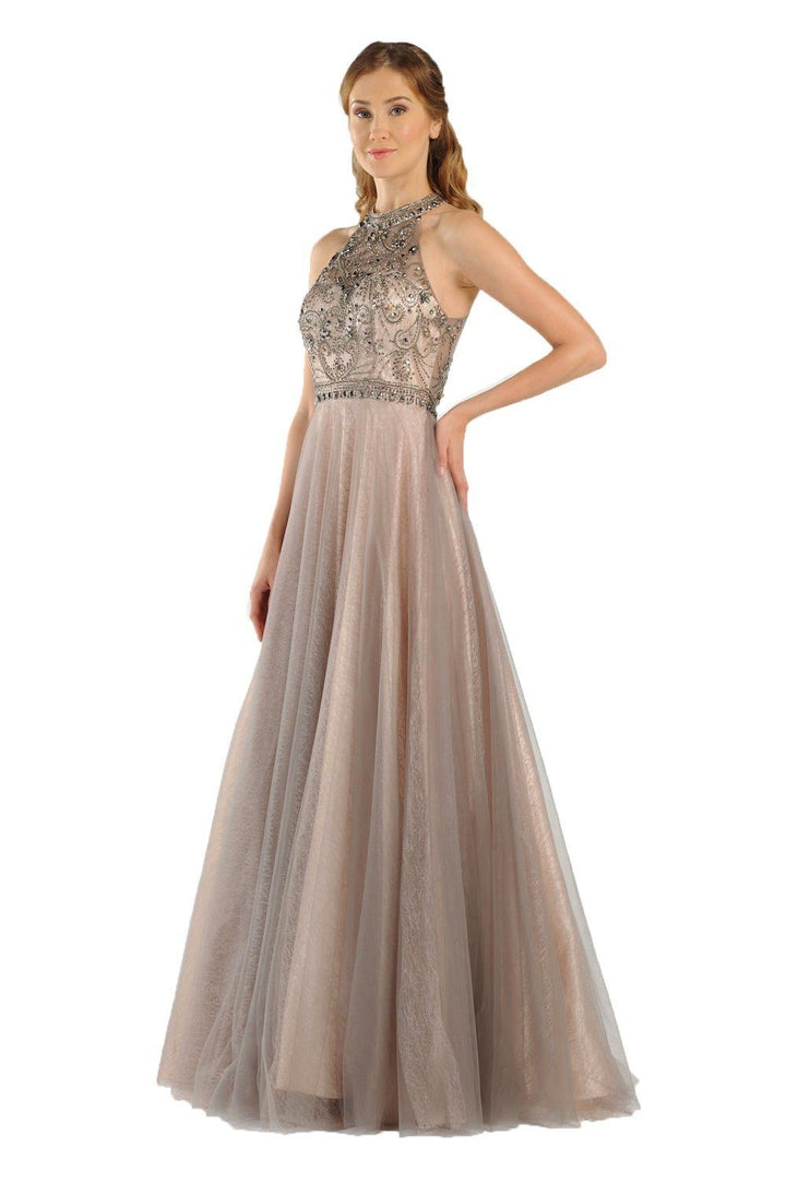 Long High-Neck Champagne Dress with Sheer Back by Poly USA 7984-Long Formal Dresses-ABC Fashion