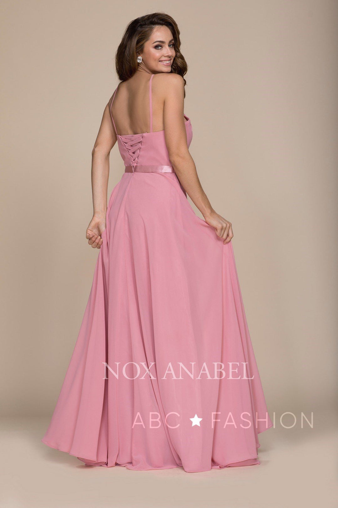 Long High-Neck Chiffon Dress with Corset Back by Nox Anabel Y102-Long Formal Dresses-ABC Fashion