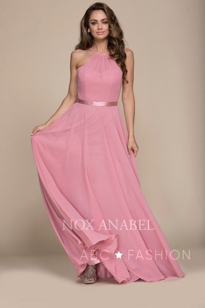 Long High-Neck Chiffon Dress with Corset Back by Nox Anabel Y102-Long Formal Dresses-ABC Fashion