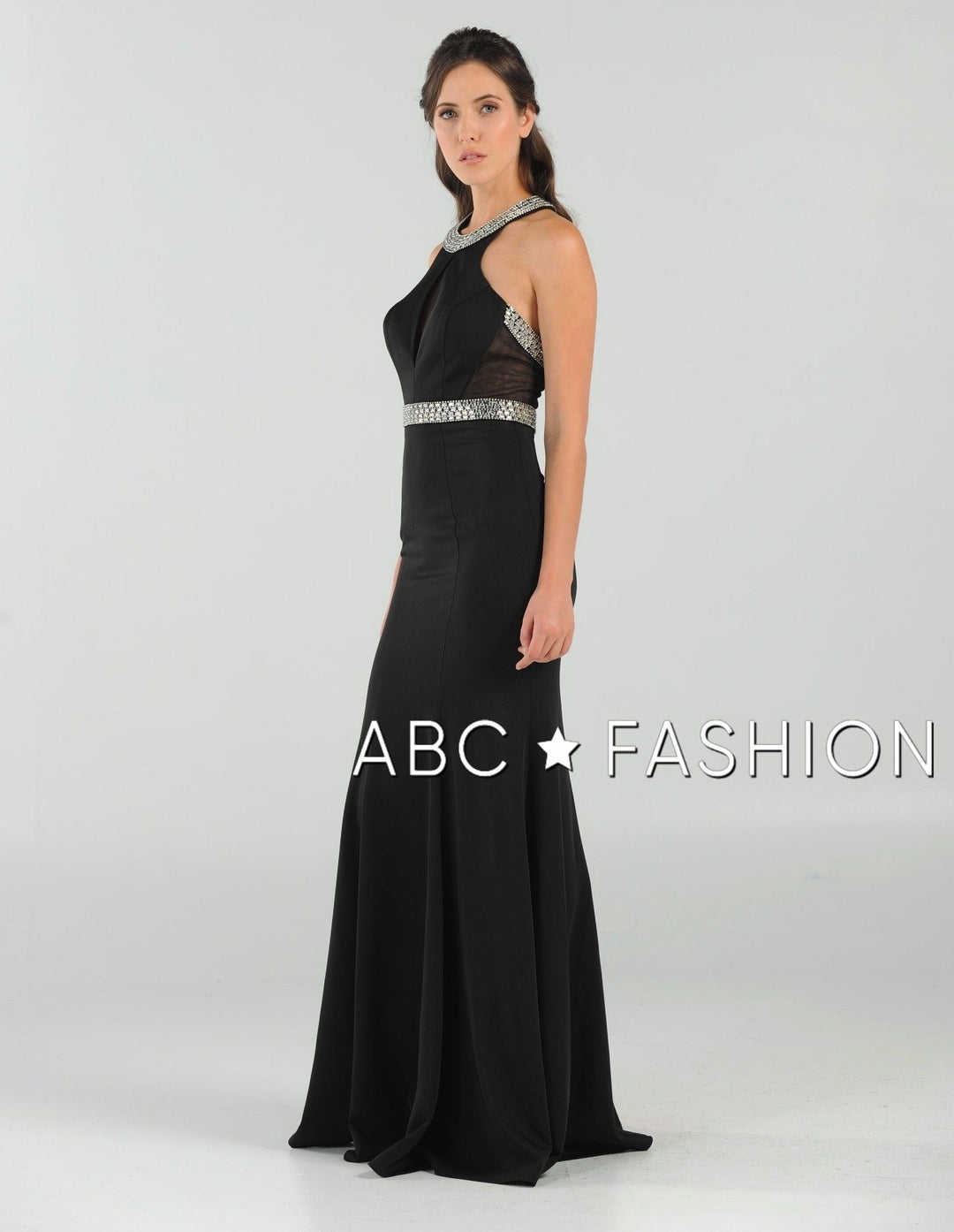 Long High-Neck Dress with Beaded Keyhole Bodice by Poly USA 8066-Long Formal Dresses-ABC Fashion