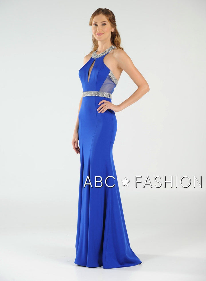 Long High-Neck Dress with Beaded Keyhole Bodice by Poly USA 8066-Long Formal Dresses-ABC Fashion