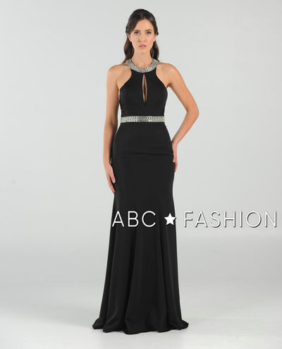 Long High-Neck Dress with Beaded Keyhole Bodice by Poly USA 8066-Long Formal Dresses-ABC Fashion