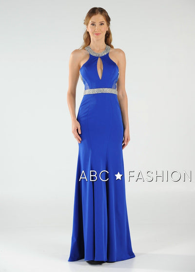 Long High-Neck Dress with Beaded Keyhole Bodice by Poly USA 8066-Long Formal Dresses-ABC Fashion