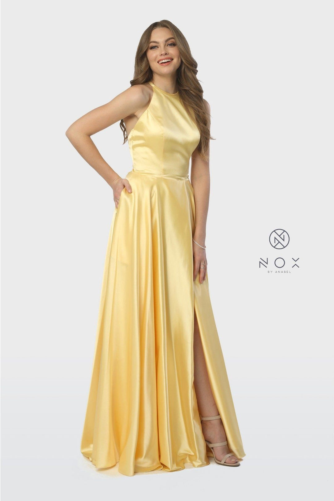 Long High-Neck Dress with Corset Open Back by Nox Anabel C209-Long Formal Dresses-ABC Fashion