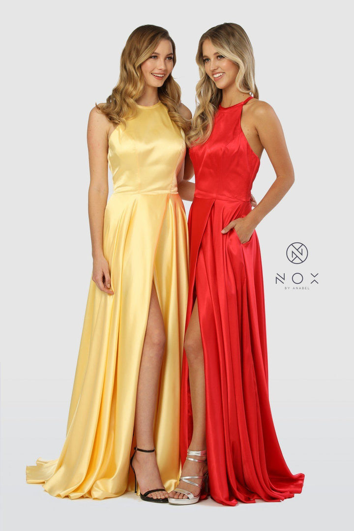 Long High-Neck Dress with Corset Open Back by Nox Anabel C209-Long Formal Dresses-ABC Fashion