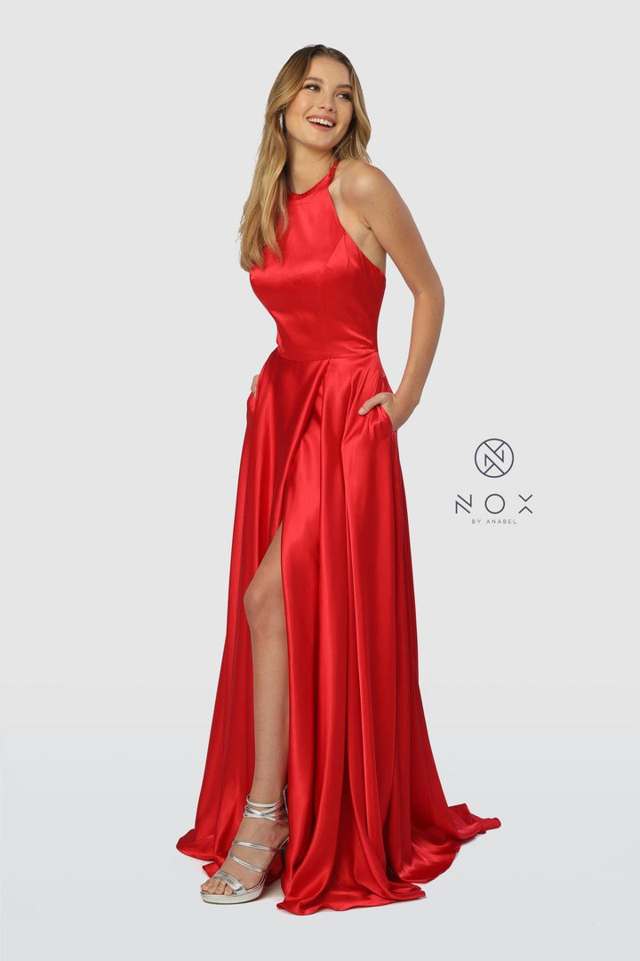 Long High-Neck Dress with Corset Open Back by Nox Anabel C209-Long Formal Dresses-ABC Fashion