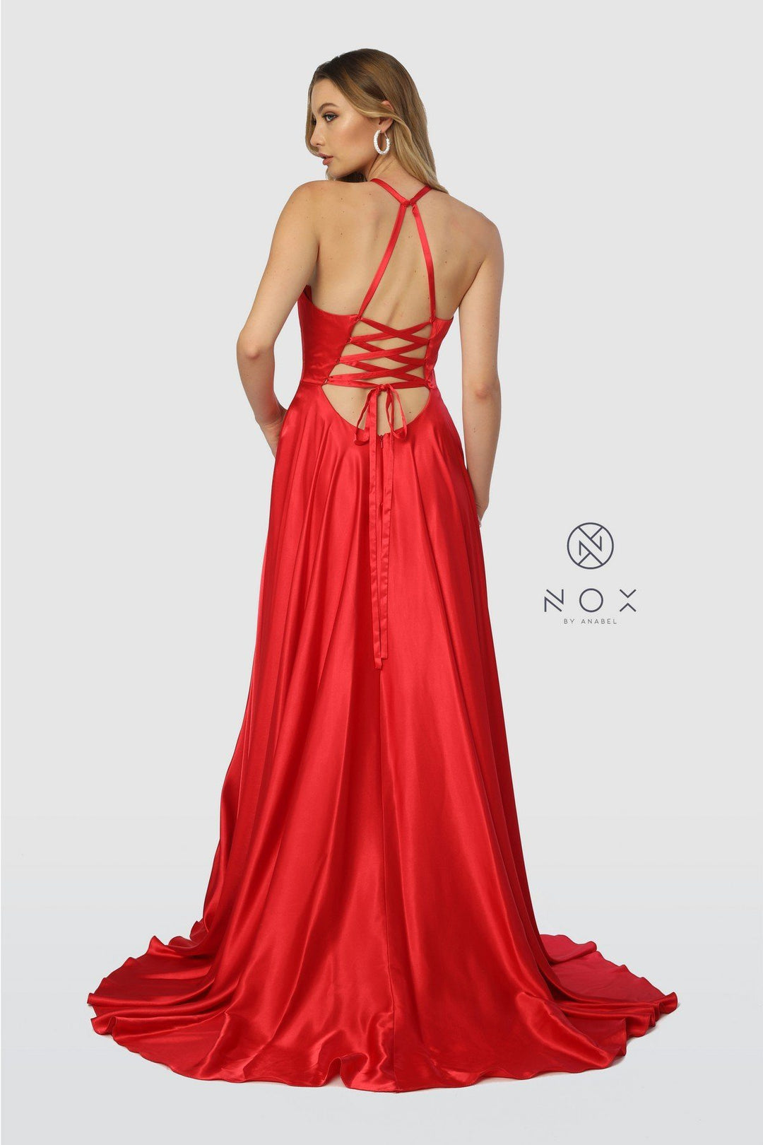 Long High-Neck Dress with Corset Open Back by Nox Anabel C209-Long Formal Dresses-ABC Fashion