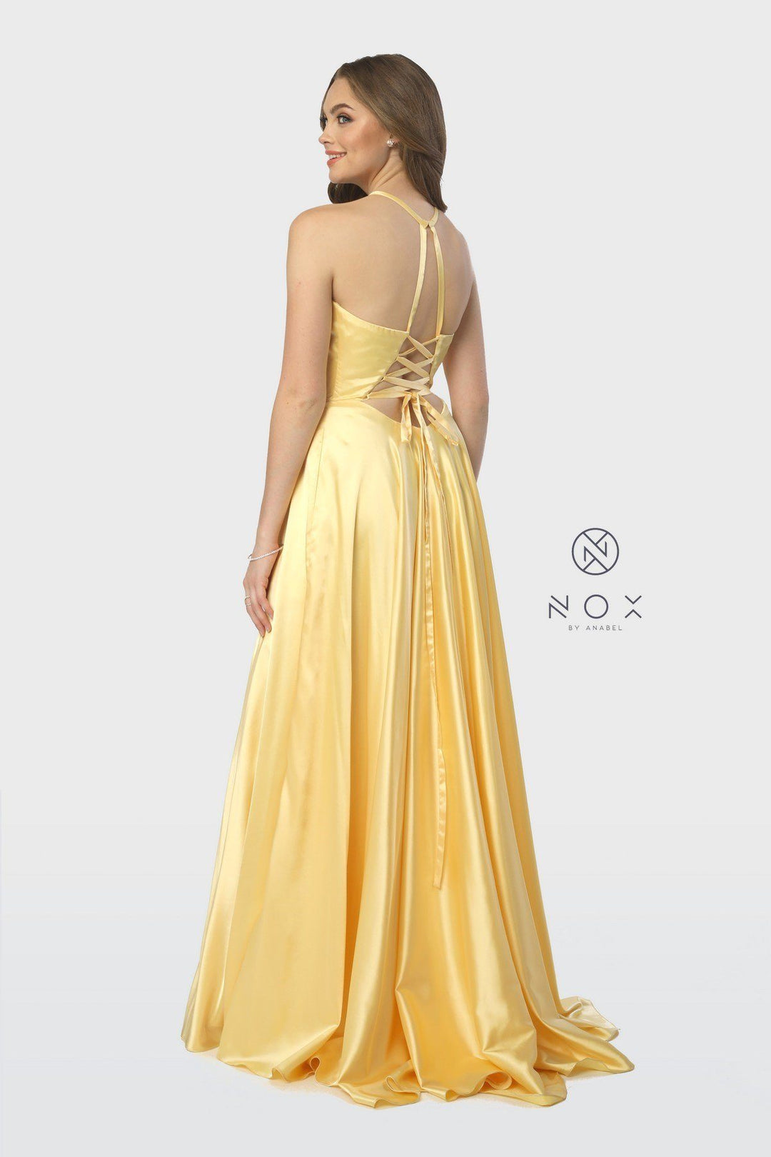 Long High-Neck Dress with Corset Open Back by Nox Anabel C209-Long Formal Dresses-ABC Fashion
