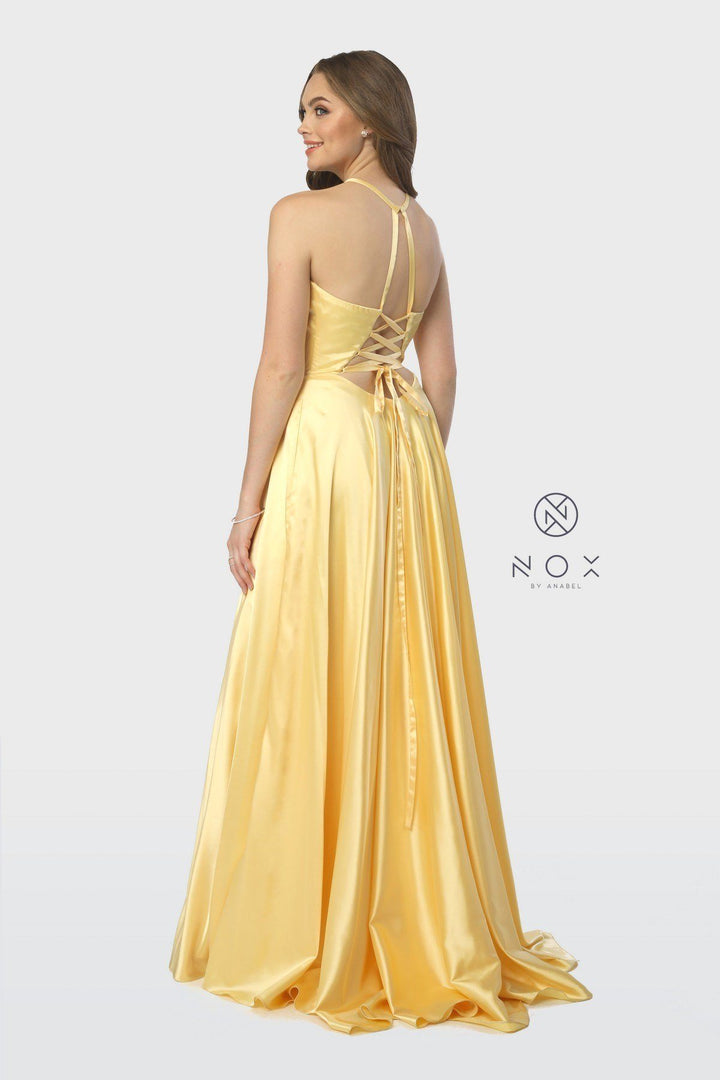 Long High-Neck Dress with Corset Open Back by Nox Anabel C209-Long Formal Dresses-ABC Fashion