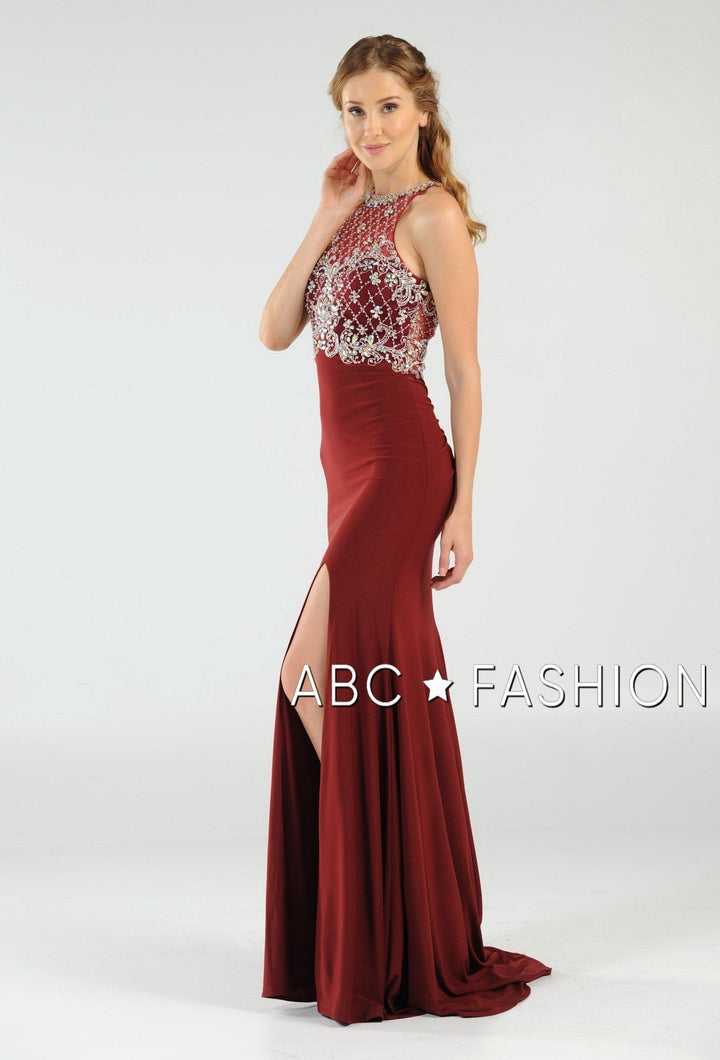 Long High Neck Dress with Embellished Bodice by Poly USA 7102-Long Formal Dresses-ABC Fashion