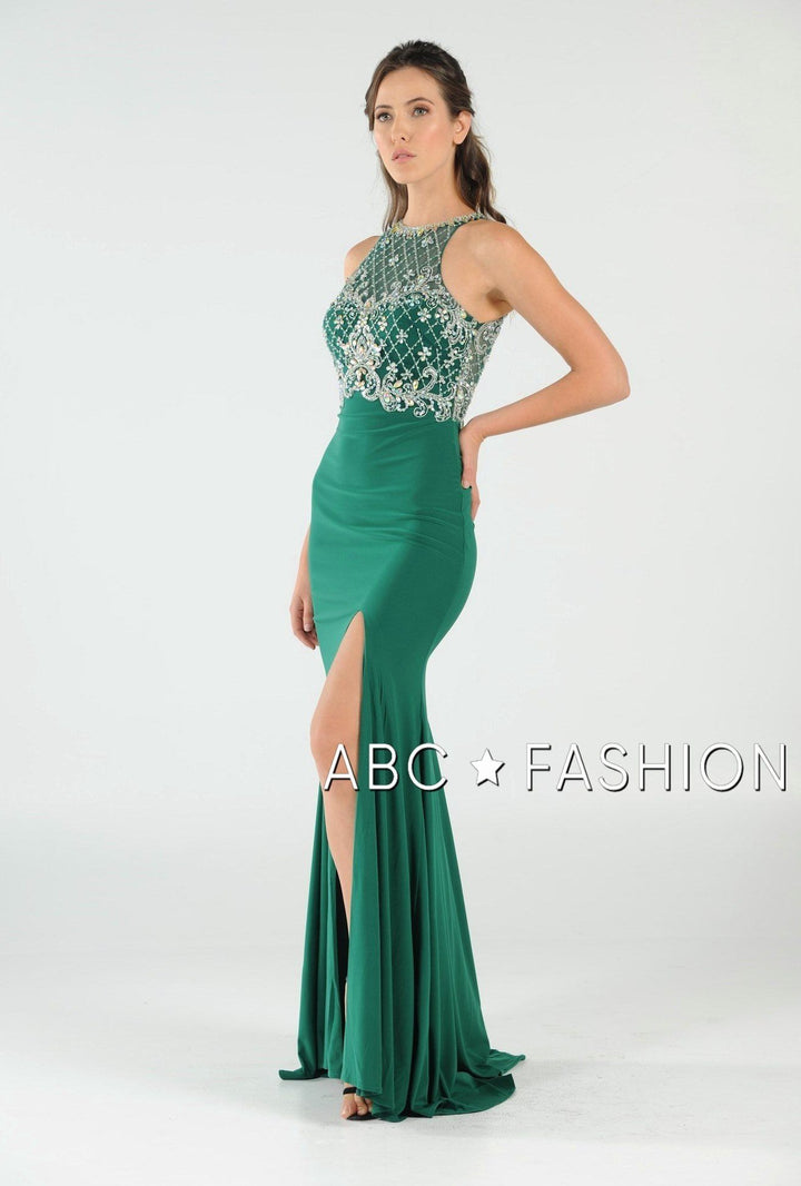 Long High Neck Dress with Embellished Bodice by Poly USA 7102-Long Formal Dresses-ABC Fashion