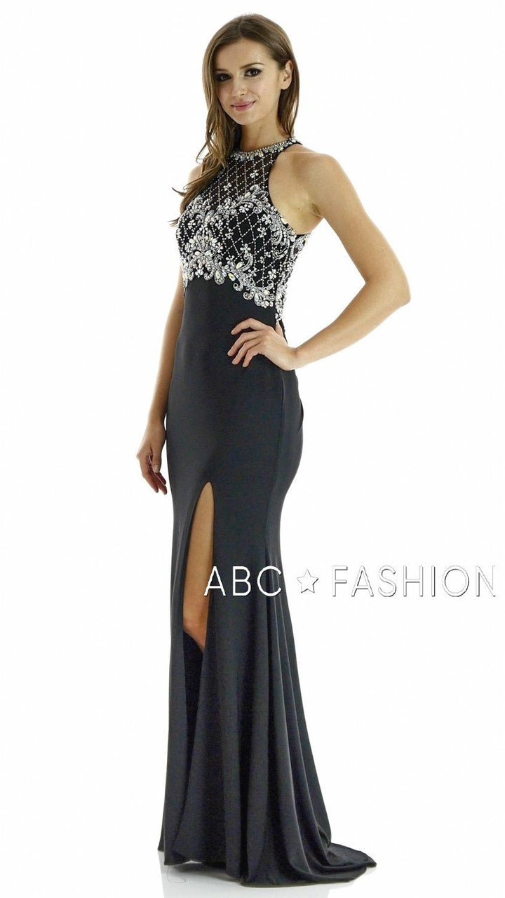 Long High Neck Dress with Embellished Bodice by Poly USA 7102-Long Formal Dresses-ABC Fashion