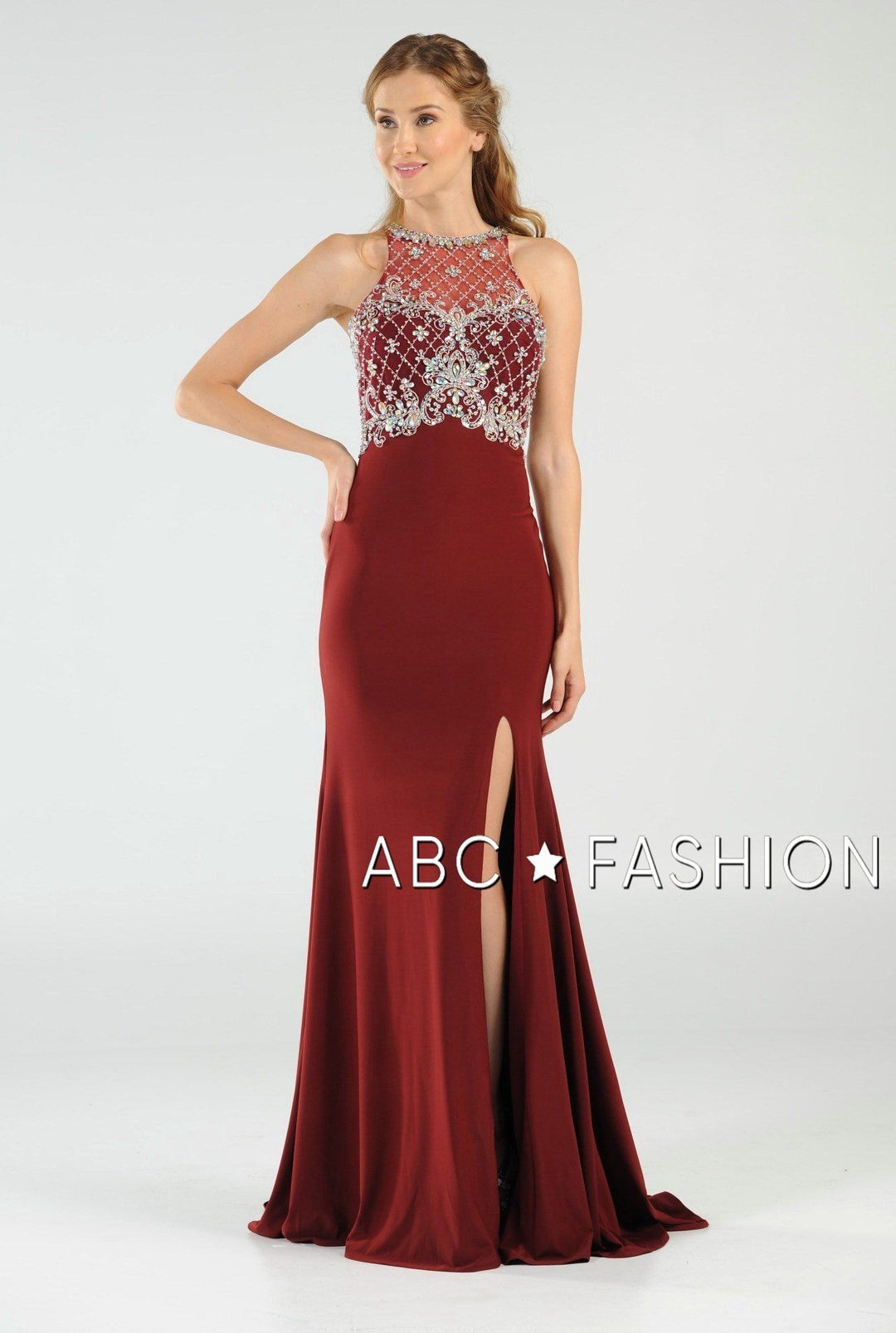 Long High Neck Dress with Embellished Bodice by Poly USA 7102-Long Formal Dresses-ABC Fashion