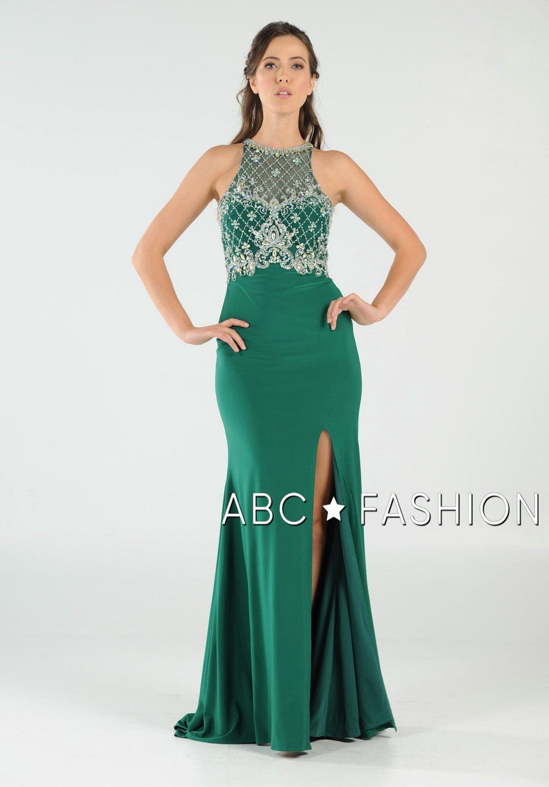 Long High Neck Dress with Embellished Bodice by Poly USA 7102-Long Formal Dresses-ABC Fashion