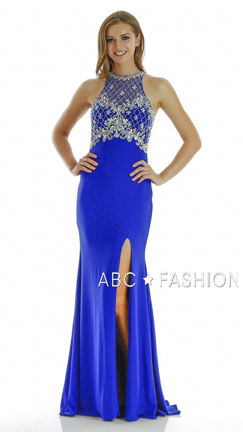 Long High Neck Dress with Embellished Bodice by Poly USA 7102-Long Formal Dresses-ABC Fashion