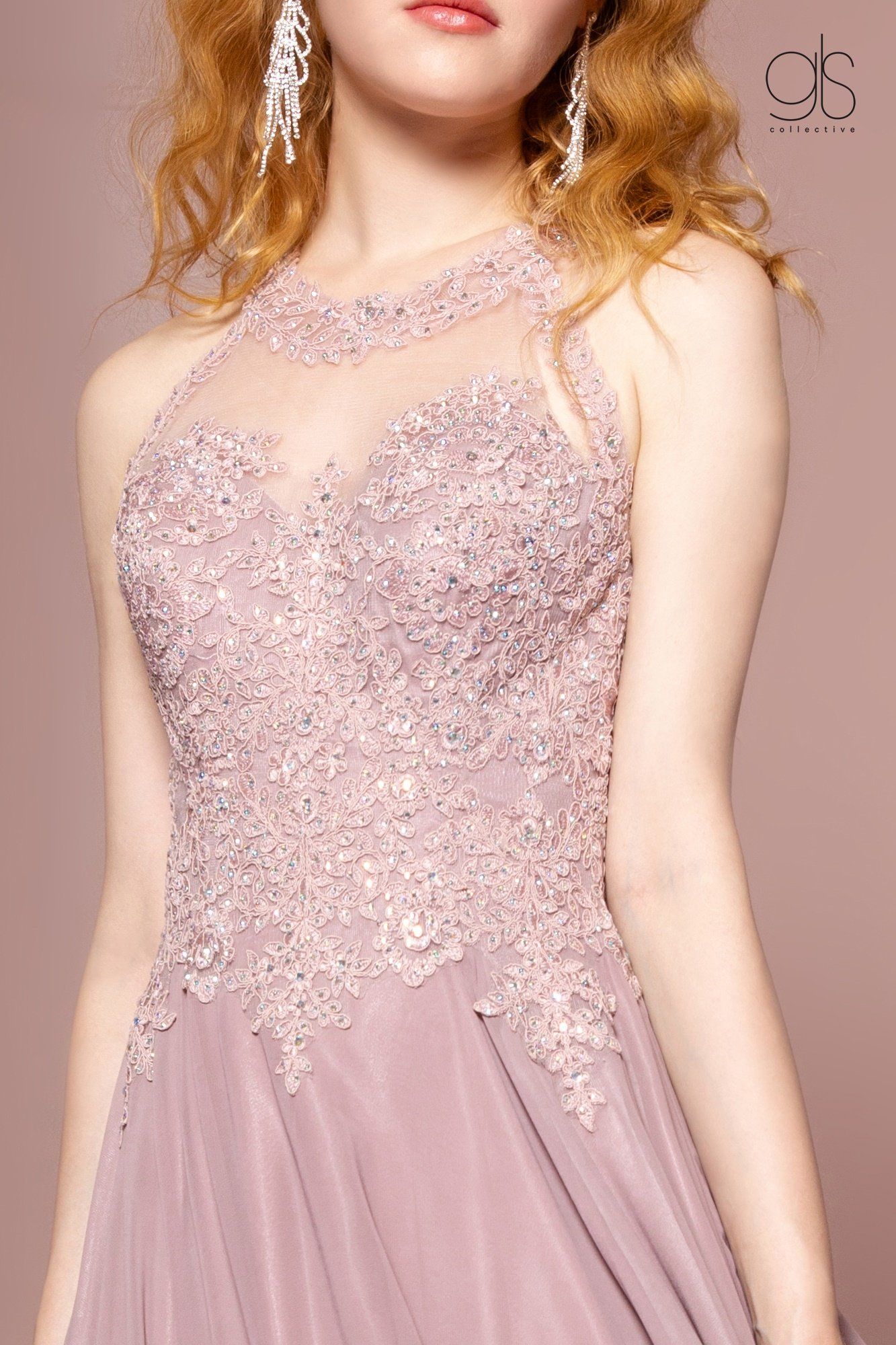 Long High Neck Dress with Sheer Applique Top by Elizabeth K