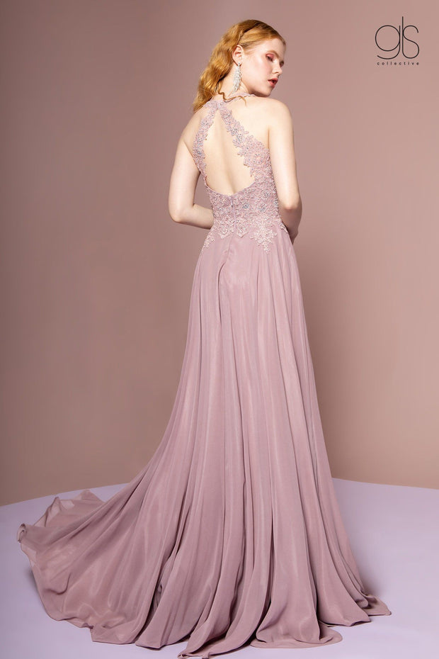 Long High Neck Dress with Sheer Applique Top by Elizabeth K GL2690-Long Formal Dresses-ABC Fashion
