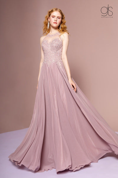 Long High Neck Dress with Sheer Applique Top by Elizabeth K GL2690-Long Formal Dresses-ABC Fashion