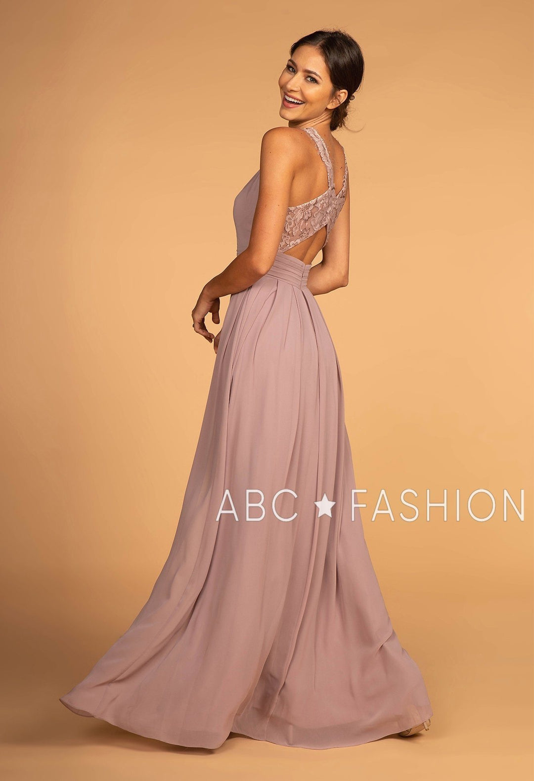 Long High-Neck Halter Dress with Lace Details by Elizabeth K GL2605-Long Formal Dresses-ABC Fashion