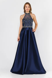 Long High-Neck Illusion Dress with Beaded Bodice by Poly USA 8344-Long Formal Dresses-ABC Fashion