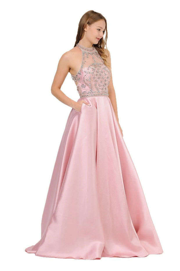 Long High-Neck Illusion Dress with Beaded Bodice by Poly USA 8344-Long Formal Dresses-ABC Fashion
