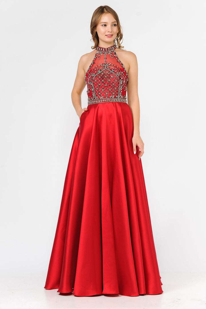 Long High-Neck Illusion Dress with Beaded Bodice by Poly USA 8344-Long Formal Dresses-ABC Fashion