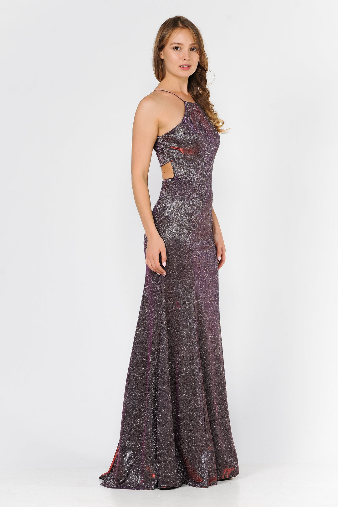 Long High-Neck Metallic Glitter Dress by Poly USA 8386-Long Formal Dresses-ABC Fashion
