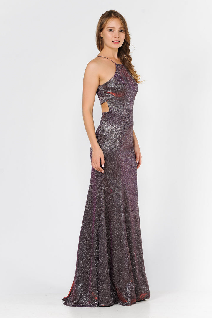 Long High-Neck Metallic Glitter Dress by Poly USA 8386-Long Formal Dresses-ABC Fashion