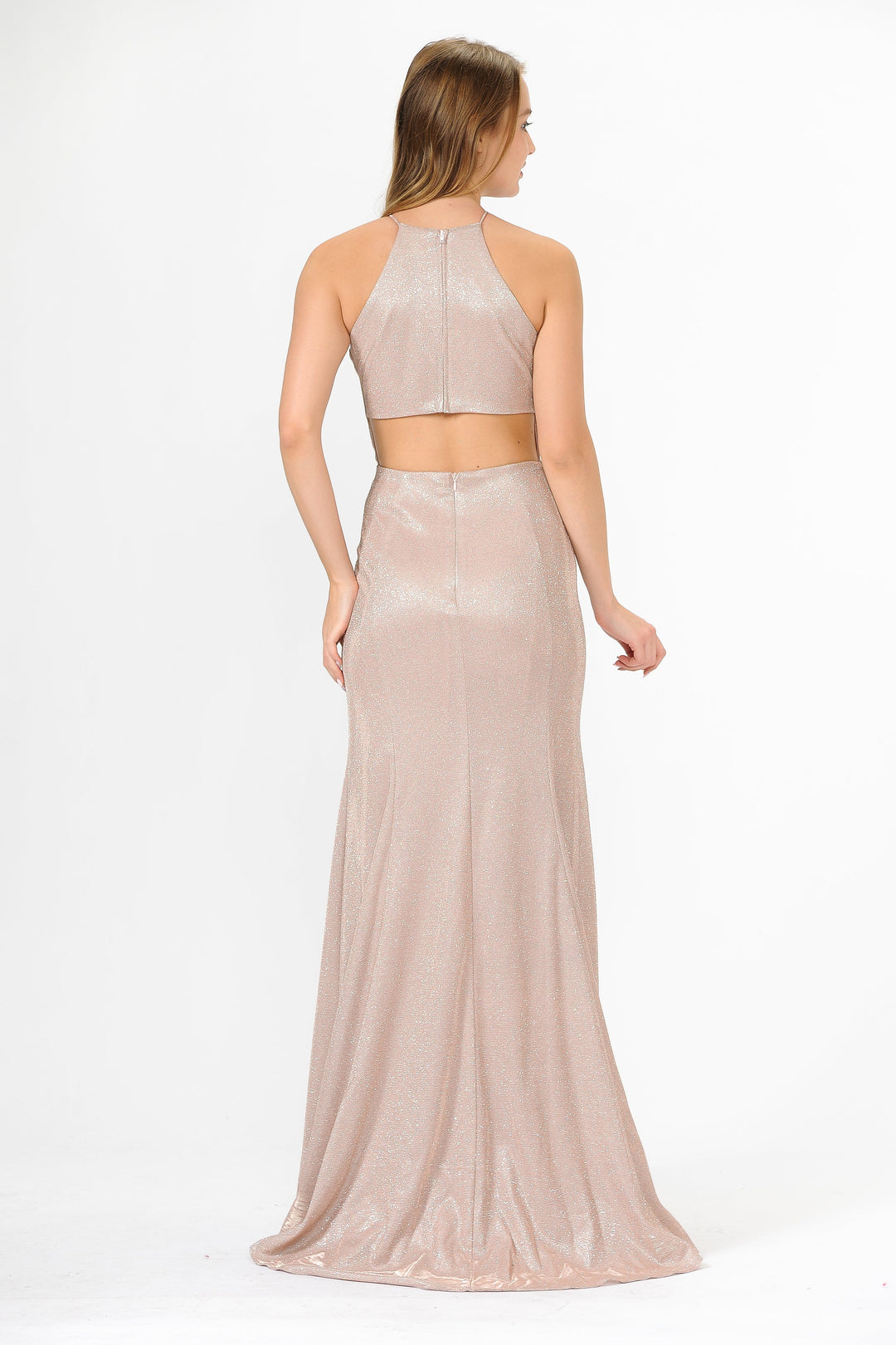 Long High-Neck Metallic Glitter Dress by Poly USA 8386-Long Formal Dresses-ABC Fashion
