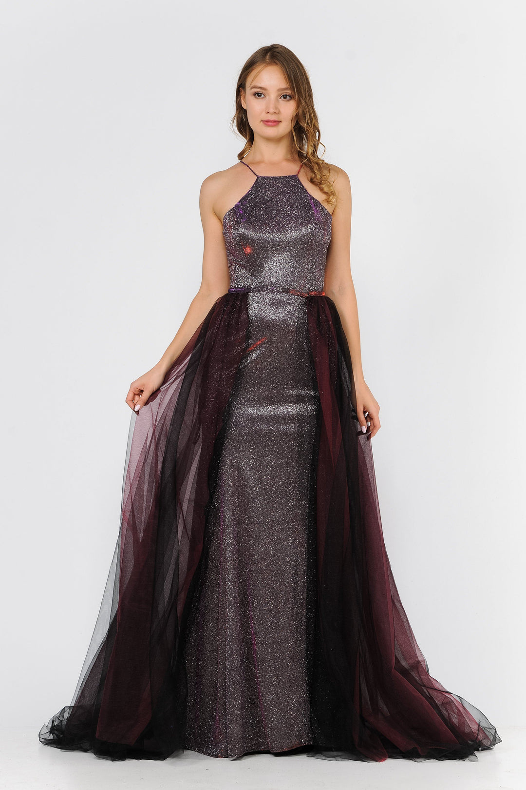Long High-Neck Metallic Glitter Dress by Poly USA 8386-Long Formal Dresses-ABC Fashion