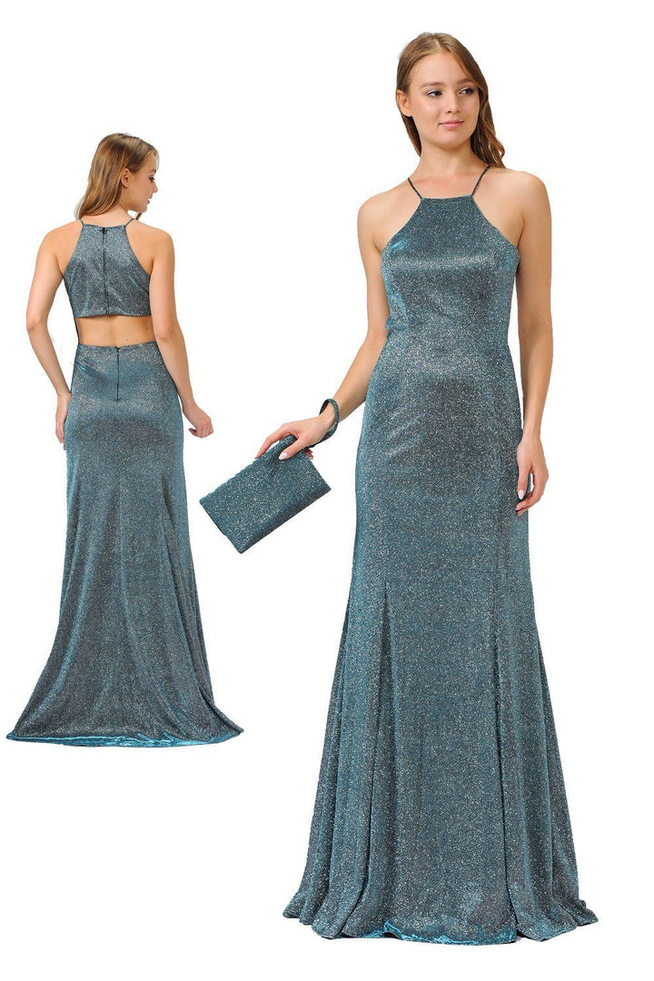 Long High-Neck Metallic Glitter Dress by Poly USA 8386-Long Formal Dresses-ABC Fashion