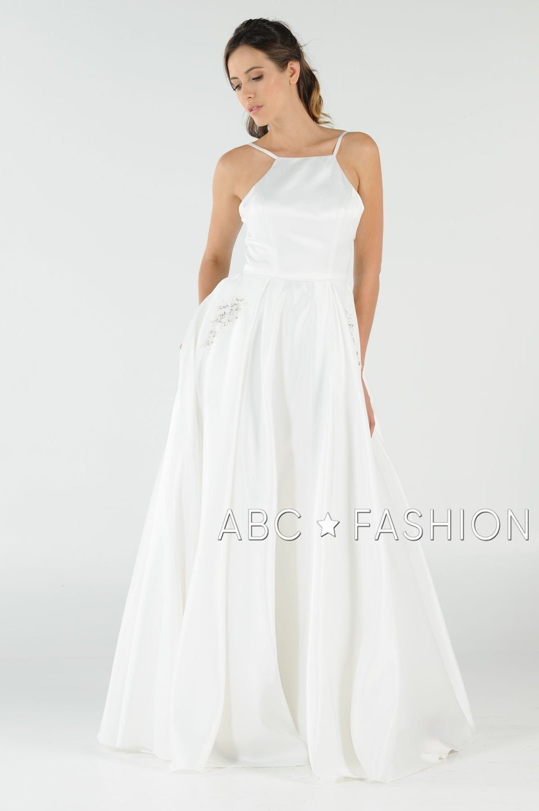 Long High Neck Satin Dress with Pockets by Poly USA 8272-Long Formal Dresses-ABC Fashion
