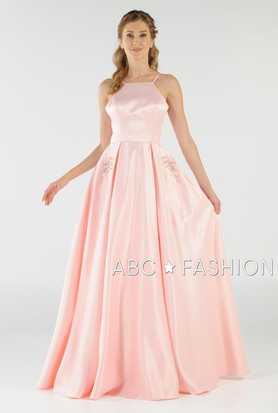Long High Neck Satin Dress with Pockets by Poly USA 8272-Long Formal Dresses-ABC Fashion